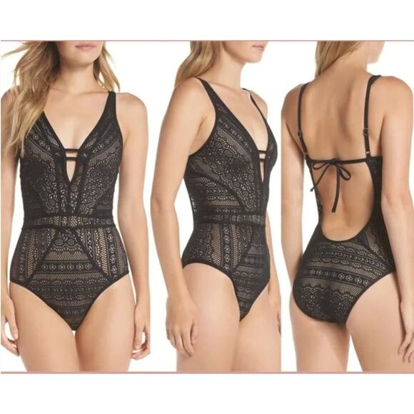 NEW Becca Show & Tell Crochet One Piece Swimsuit Women's Black Size XL X-Large - Picture 1 of 5